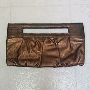 BCBG leather clutch frame bag 11" x 6" BRONZE croc